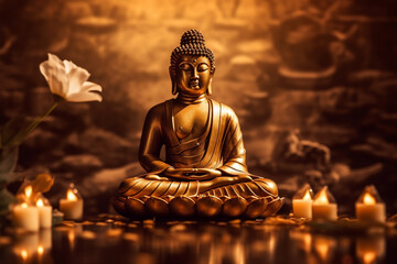 Fototapeta premium Zen spiritual ritual meditating white face of brown Buddha, gold background. Statue of Buddha in gold color with lotus. Spiritual calmness and awakening. Religion concept, esoterics. Generative AI.