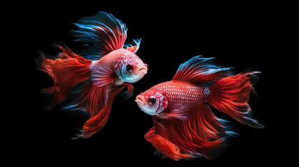 Thai fighting fish two betta fish on black isolated background