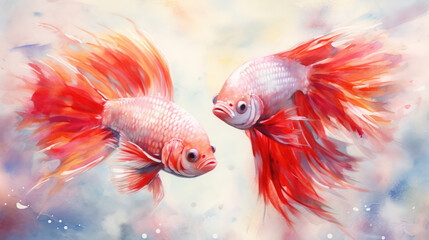 Illustration of Siamese fighting fish in aquarium painted concept with Ai Generated