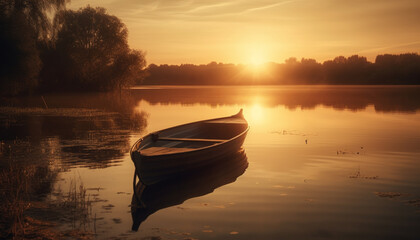 Silhouette of rowboat on tranquil autumn pond generated by AI