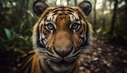 Majestic Bengal tiger walking in tropical rainforest generated by AI