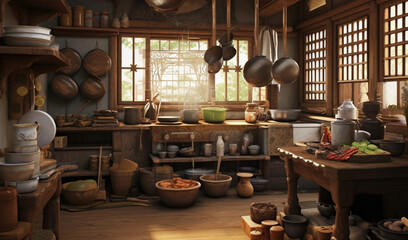 Traditional Asian home kitchen. Generative AI.