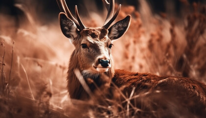 Cute deer grazing in meadow, looking doe eyed generated by AI