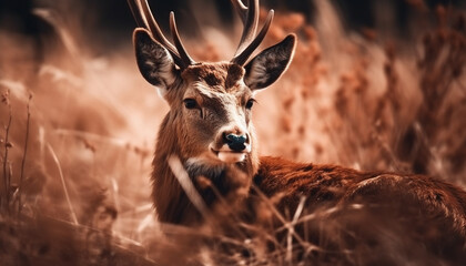Fototapeta premium Cute deer grazing in meadow, looking doe eyed generated by AI