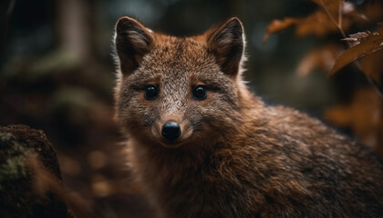 Naklejka na ściany i meble Cute fox looking at camera in wilderness area generated by AI