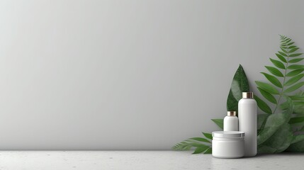 3d render of a cosmetic bottle on a pedestal with green leaves