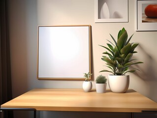 blank Poster from mockup with plant and table