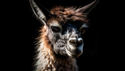 Fototapeta premium Cute alpaca portrait, looking at camera, fluffy fur generated by AI