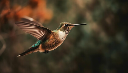 Fototapeta premium Hovering hummingbird flaps iridescent wings mid air beauty generated by AI
