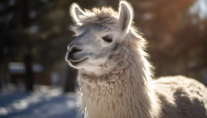 Fluffy alpaca poses for portrait in snow generated by AI