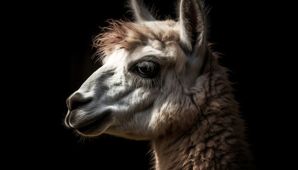 Obraz premium Fluffy alpaca stares, cute portrait in nature generated by AI
