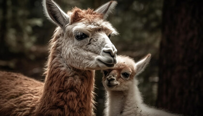 Obraz premium Cute alpaca grazes in green meadow, fluffy fleece generated by AI