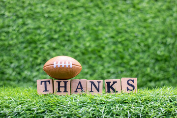 American Football with word Thanks on green grass