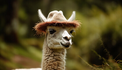 Obraz premium Cute alpaca smiling for the camera in meadow generated by AI