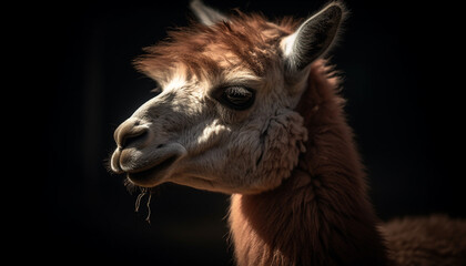 Fluffy alpaca poses for cute portrait outdoors generated by AI
