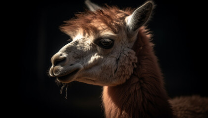 Obraz premium Fluffy alpaca poses for cute portrait outdoors generated by AI