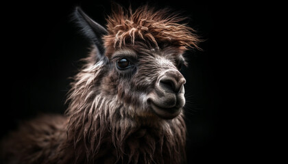 Fluffy alpaca poses for cute portrait, looking sharp generated by AI