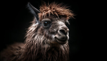 Fototapeta premium Fluffy alpaca poses for cute portrait, looking sharp generated by AI