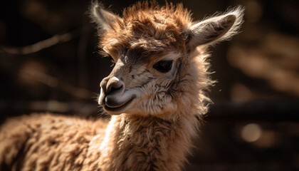 Obraz premium Fluffy alpaca grazing in rural meadow generated by AI