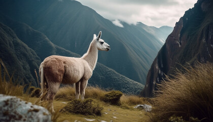 Alpaca portrait in mountain meadow, cute and woolly generated by AI