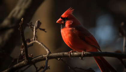 Northern cardinal perching on branch, vibrant colors generated by AI