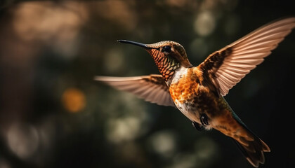 Fototapeta premium The rufous hummingbird hovers mid air, flapping wings generated by AI