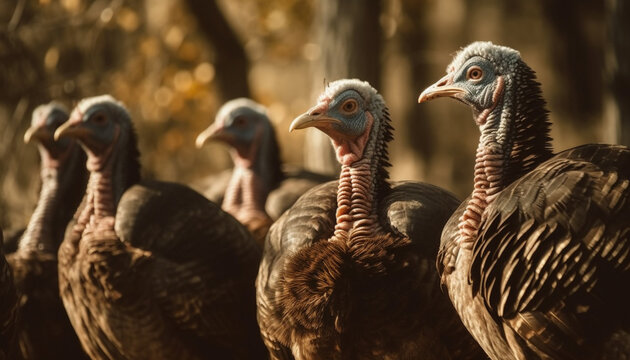 Free range turkey scavenging for food in rural farm generated by AI