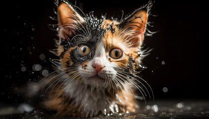 Fluffy kitten stares, wet fur, curious whiskers generated by AI