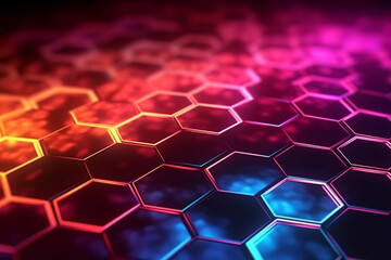 Hexagonal background with red yellow glowing neon lines, honeycomb and bokeh lights, Generative AI