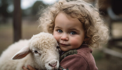 Smiling Caucasian toddler embraces cute farm animals joyfully generated by AI