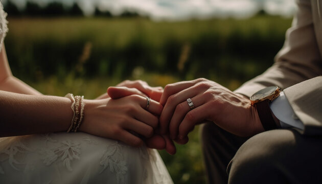 A newlywed couple holding hands, smiling in nature generated by AI