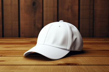 Blank white cap on a wooden floor, mockup concept illustration, Generative AI