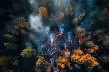 Fototapeta na wymiar Fire in a forest, top view, Generative AI