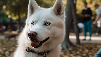 Obraz premium Smiling Samoyed sitting in grass, looking at camera generated by AI