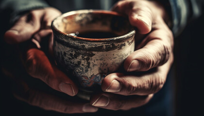 Fototapeta na wymiar Caucasian potter hand holds hot clay coffee mug generated by AI