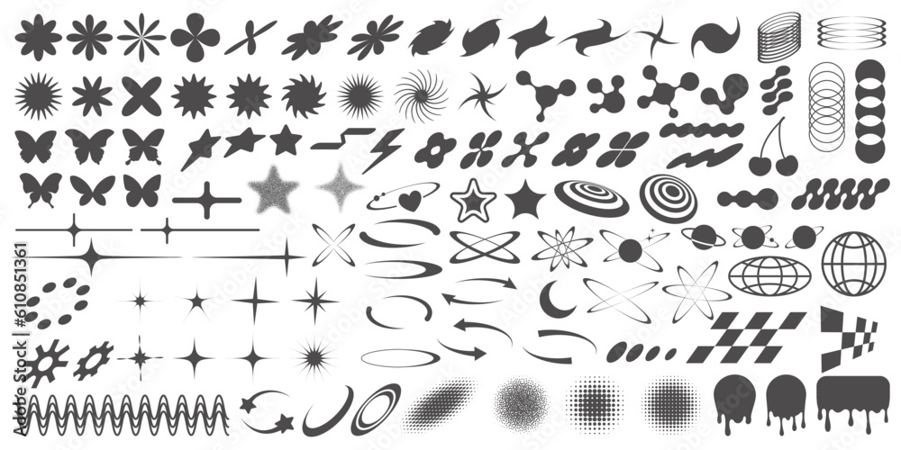 Wall mural y2k retro elements. abstract shapes and symbols for futuristic design. geometric groovy icons. vecto