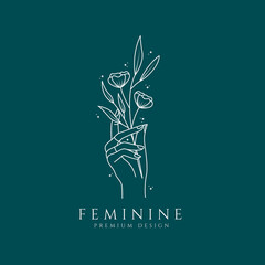 hand drawn logo feminine beauty floral botanical salon spa cosmetic line art design vector illustration