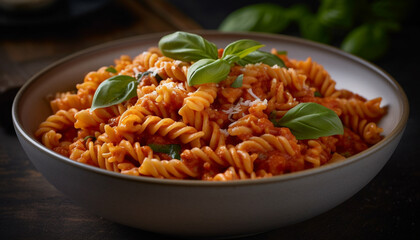 Fresh fusilli pasta with tomato and herbs generated by AI - obrazy, fototapety, plakaty