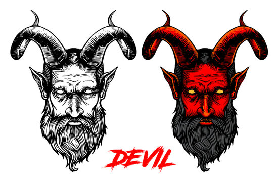Illustration of a devil. Devil head vector
illustration. Vintage devil drawing. Set of red head satan
illustration. Horned devil design for t-shirt, printing,
poster, sticker, tattoo, street wear.