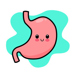 Strong healthy happy stomach character. Vector stomach cartoon illustration icon design. Isolated on white background. Digestive tract system, good healthy, good digest logo.