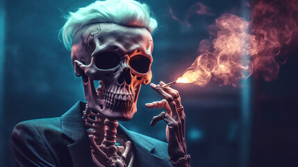 Young trendy skeleton smoking cigarette, neon light. Cyberpunk. AI generation