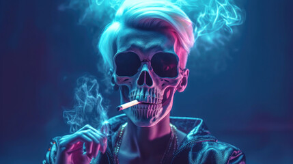 Young trendy skeleton smoking cigarette, neon light. Cyberpunk. AI generation - obrazy, fototapety, plakaty