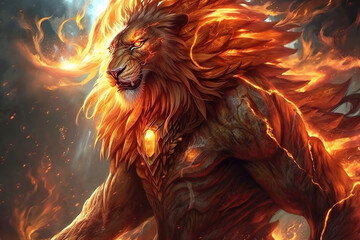 Image of an angry lion and flames. Wildlife Animals. Illustration. Generative AI.