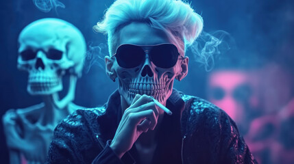 Young trendy skeleton smoking cigarette, neon light. Cyberpunk. AI generation