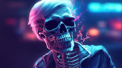 Young trendy skeleton, neon light. Cyberpunk concept.  AI generation