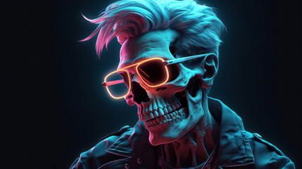 Young trendy skeleton, neon light. Cyberpunk concept. 
 AI generation