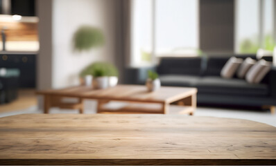 Wood table with blurred modern apartment interior background, Empty wooden tabletop with blurred living room background, wood, wooden,residential, Ai Generate 