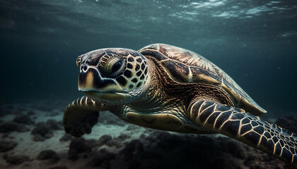 Fototapeta premium Green hawksbill turtle swimming in tropical reef generated by AI