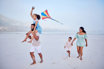 Kite, beach or parents running with happy kids on fun holiday vacation together with happiness. Smile, children siblings or mom playing with girl or boy on family time with father at sea in Mexico