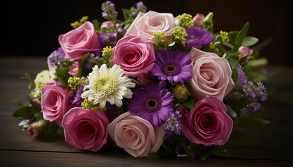 Fresh bouquet of pink and purple blossoms generated by AI
